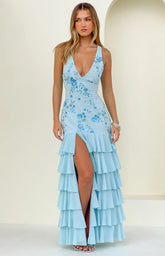 Eleanor Blue Sequin Ruffle Hem Maxi Dress