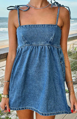 Ethel Blue Denim Tie Strap Mini Dress - PRE ORDER