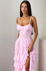 Felicity Pink Pearl Strap Ruffle Maxi Dress
