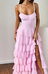Felicity Pink Pearl Strap Ruffle Maxi Dress