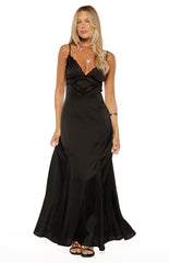 Gabby Black Satin Lace Maxi Dress