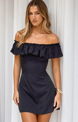 Haylie Black Polka Dot Off Shoulder Mini Dress
