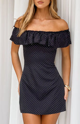 Haylie Black Polka Dot Off Shoulder Mini Dress
