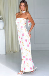 Icelynn Cream Floral Print Strapless Satin Maxi Dress