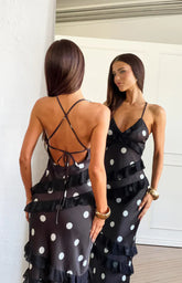 Inara Black Polka Dot Ruffle Maxi Dress