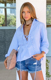 Jasper Blue Pinstripe Lace Up Shirt Dress