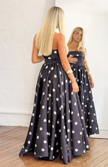 Julianne Strapless Polka Dot Satin Maxi Dress