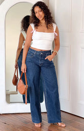Kansis Dark Blue Uneven Waist Jeans