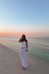Paisley White Floral Ruffle Maxi Skirt