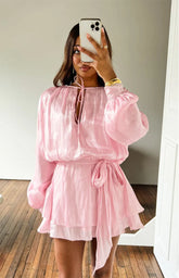 Quinton Pink Satin Long Sleeve Tie Mini Dress