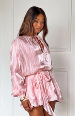 Quinton Pink Satin Long Sleeve Tie Mini Dress