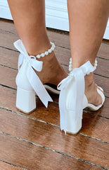 Sansa White Ribbon Pearl Detail Block Heels