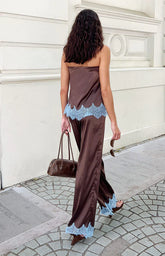 Shirley Lace Trim Brown Satin Pants