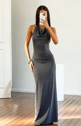 Tsuki Grey Stud Detail Cowl Neck Maxi Dress