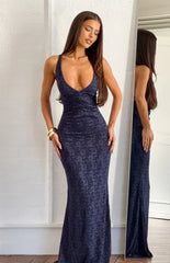 Tula Navy Lace Ruched Waist Maxi Dress