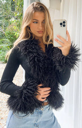 Violetta Black Fur Trim Knit Cardigan