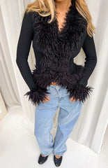 Violetta Black Fur Trim Knit Cardigan
