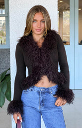Violetta Chocolate Fur Trim Knit Cardigan - PRE ORDER