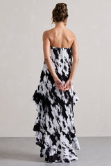 Whistler | Monochrome Floral Chiffon Bandeau High-Low Ruffled Maxi Dress