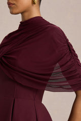 Thalia | Burgundy High-Neck Midi Dress With Sheer Mesh Cape
