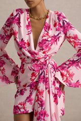 Goldie | Pink Floral Print Chiffon Long-Sleeve Wrap Mini Dress