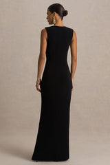 Alena | Black Extreme-Plunge Neck Maxi Dress With Gold Detail