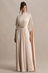 Olessia | Champagne Belted Gathered Cape-Sleeve Maxi Dress