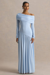 Farah | Powder Blue Asymmetric-Neck Maxi Dress With Drop Waist And Ruched Detailing