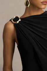 Cressida | Black Asymmetric-Neck Maxi Dress With Cape And Gold Detail