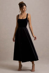 Francisca | Black Velvet Strappy Volume-Hem Midi Dress