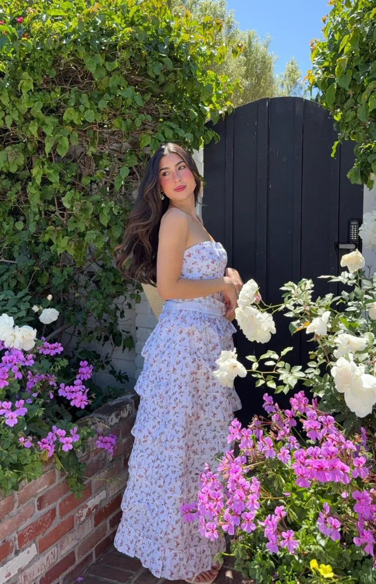 Paisley White Floral Ruffle Maxi Skirt