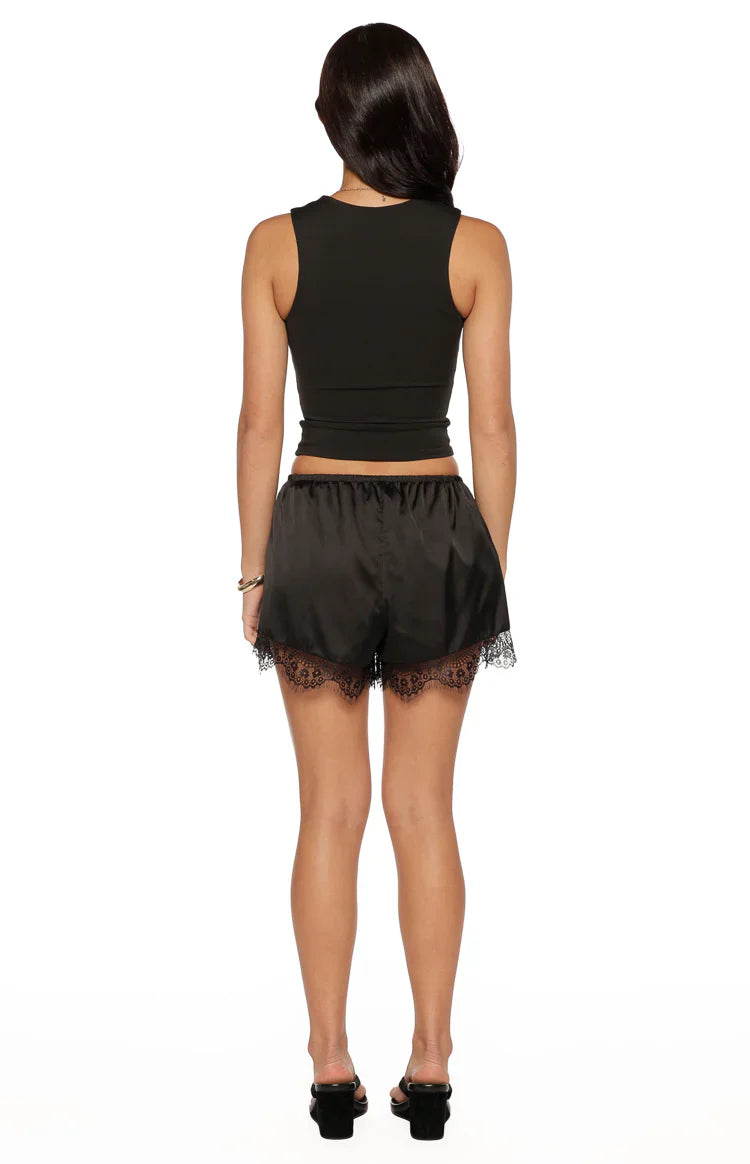 Agnes Black Lace Trim Satin Shorts