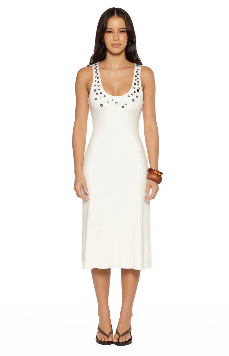 Amba White Button Detail Midi Dress