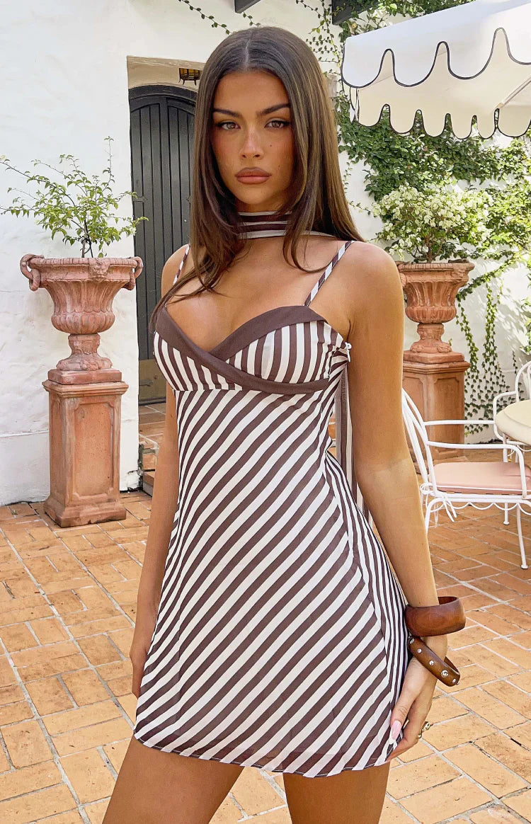 Arti Brown Stripe Scarf Micro Mini Dress - PRE ORDER