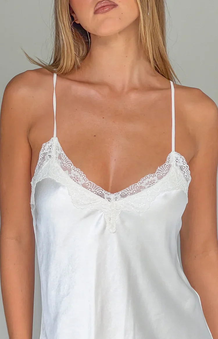 Artie Cream Satin Lace Trim Mini Dress
