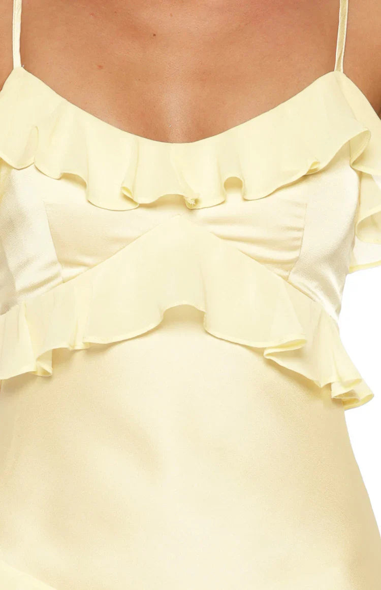 Audra Yellow Ruffle Satin Maxi Dress