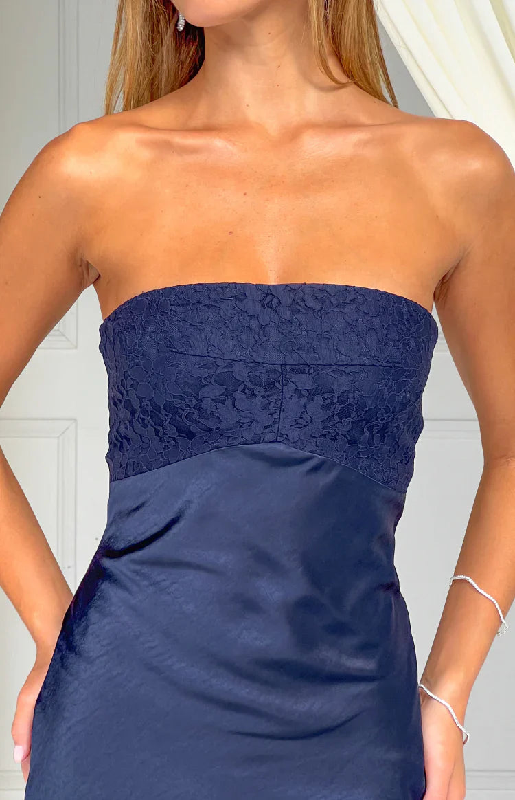 Audrey Navy Lace Strapless Midi Dress