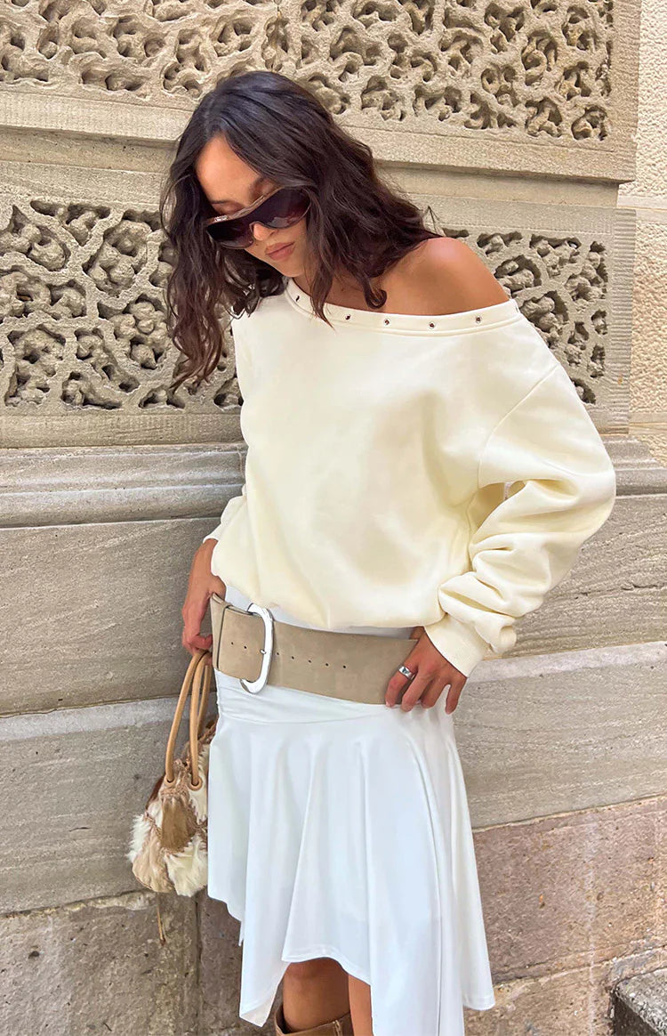 Bambi Cream Asymmetric Neckline Eyelet Sweater