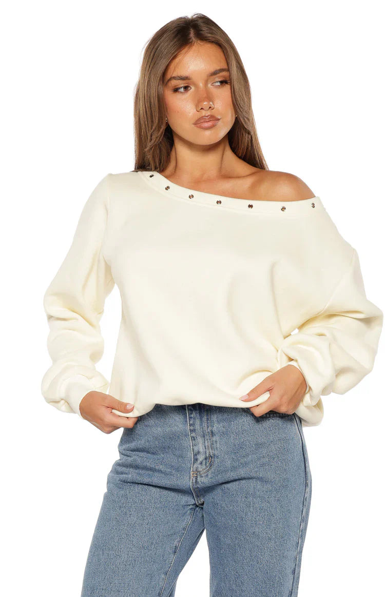 Bambi Cream Asymmetric Neckline Eyelet Sweater