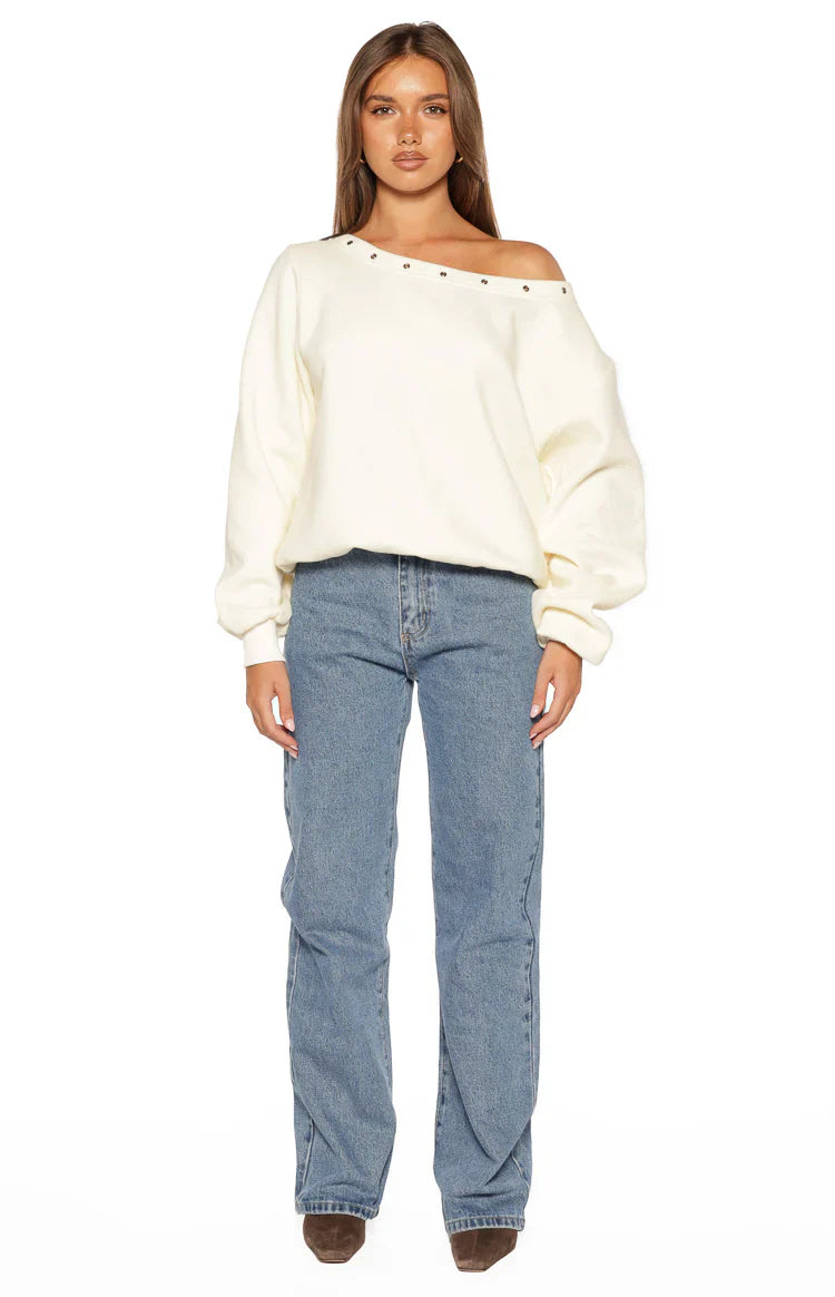 Bambi Cream Asymmetric Neckline Eyelet Sweater