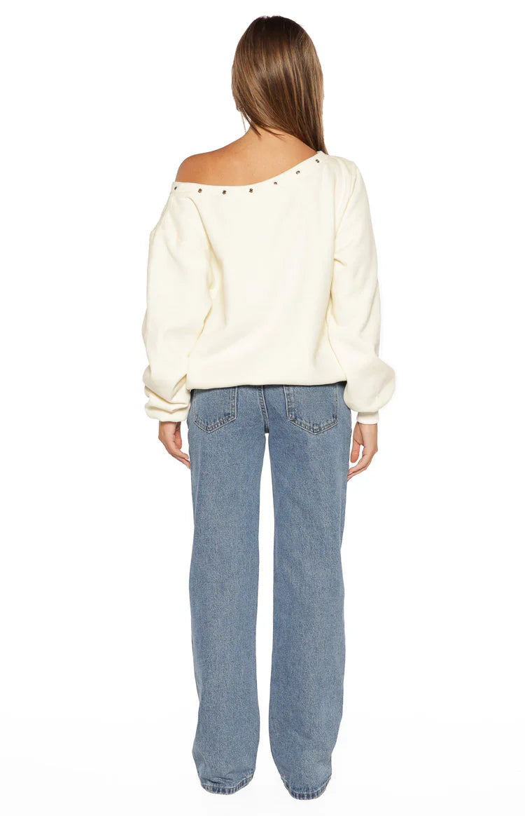 Bambi Cream Asymmetric Neckline Eyelet Sweater