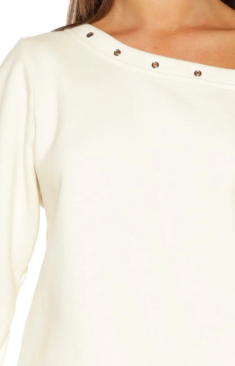 Bambi Cream Asymmetric Neckline Eyelet Sweater