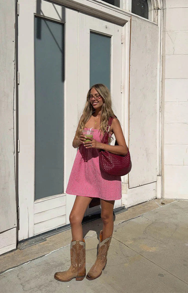 Berrie Red Gingham Strapless Mini Dress