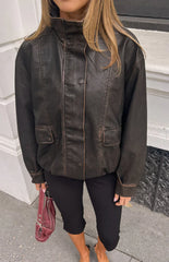 Blakely Brown Funnel Neck PU Jacket