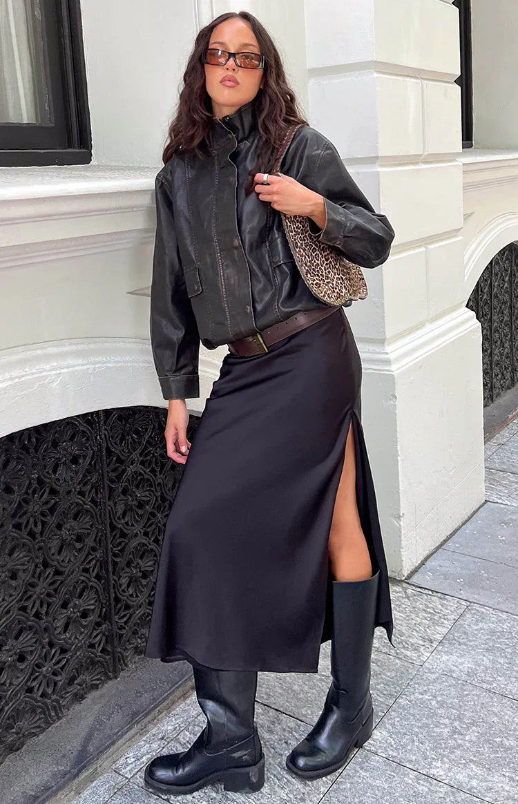 Blakely Brown Funnel Neck PU Jacket
