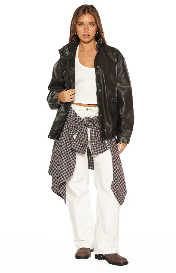 Blakely Brown Funnel Neck PU Jacket