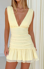 Brandie Yellow Ruched V Neck Mini Dress