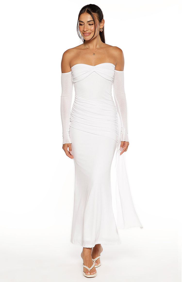 Breanna White Long Sleeve Ruched Maxi Dress