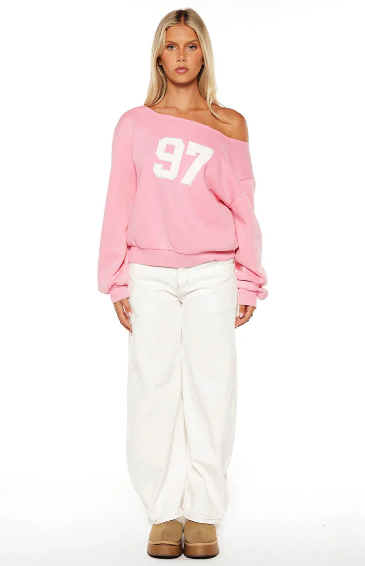 Buffie Pink Wash Off Shoulder Sweater