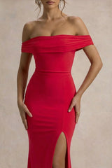 Law of Attraction | Red Bardot Draped Split Maxi Dress